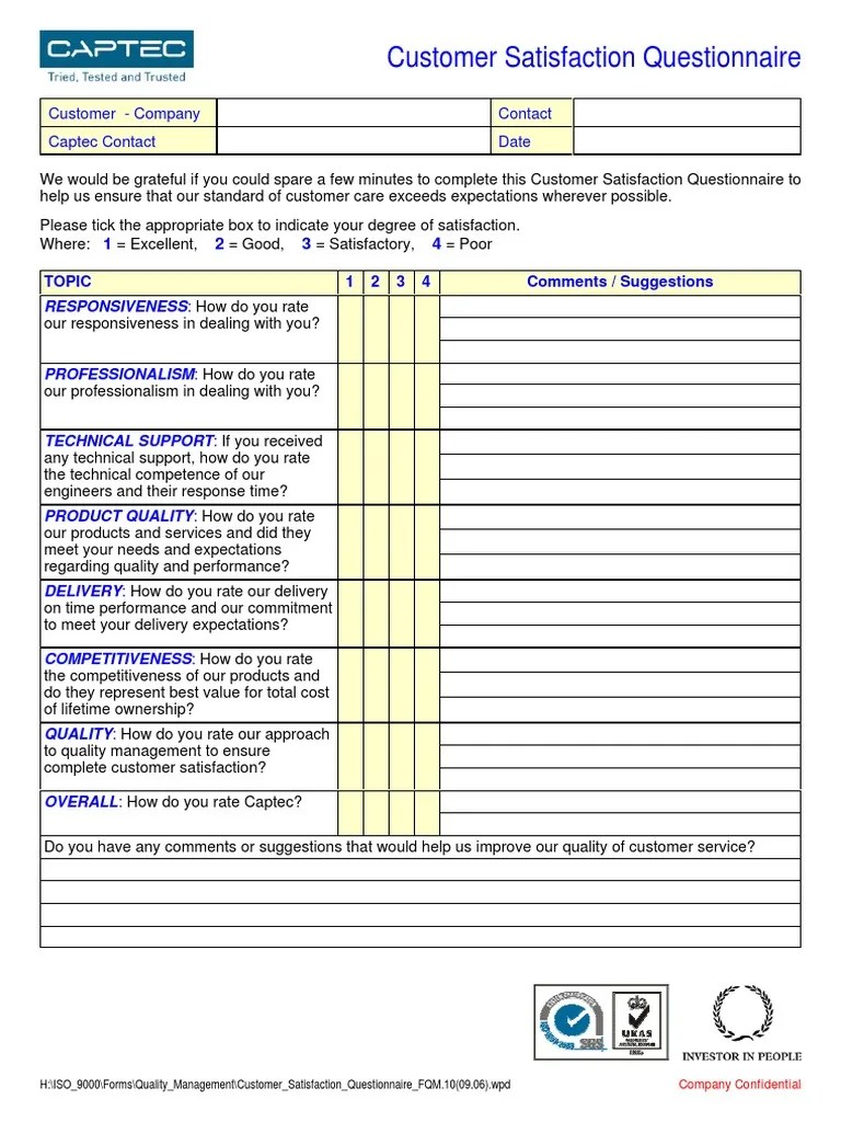 Customer Satisfaction Questionnaire PDF | PDF | Customer Satisfaction ...