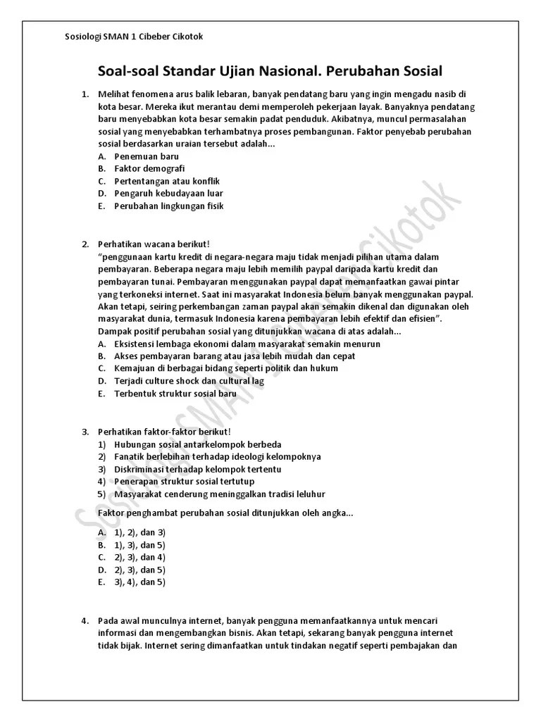 Soal-Soal Standar Ujian Nasional. Perubahan Sosial PDF | PDF