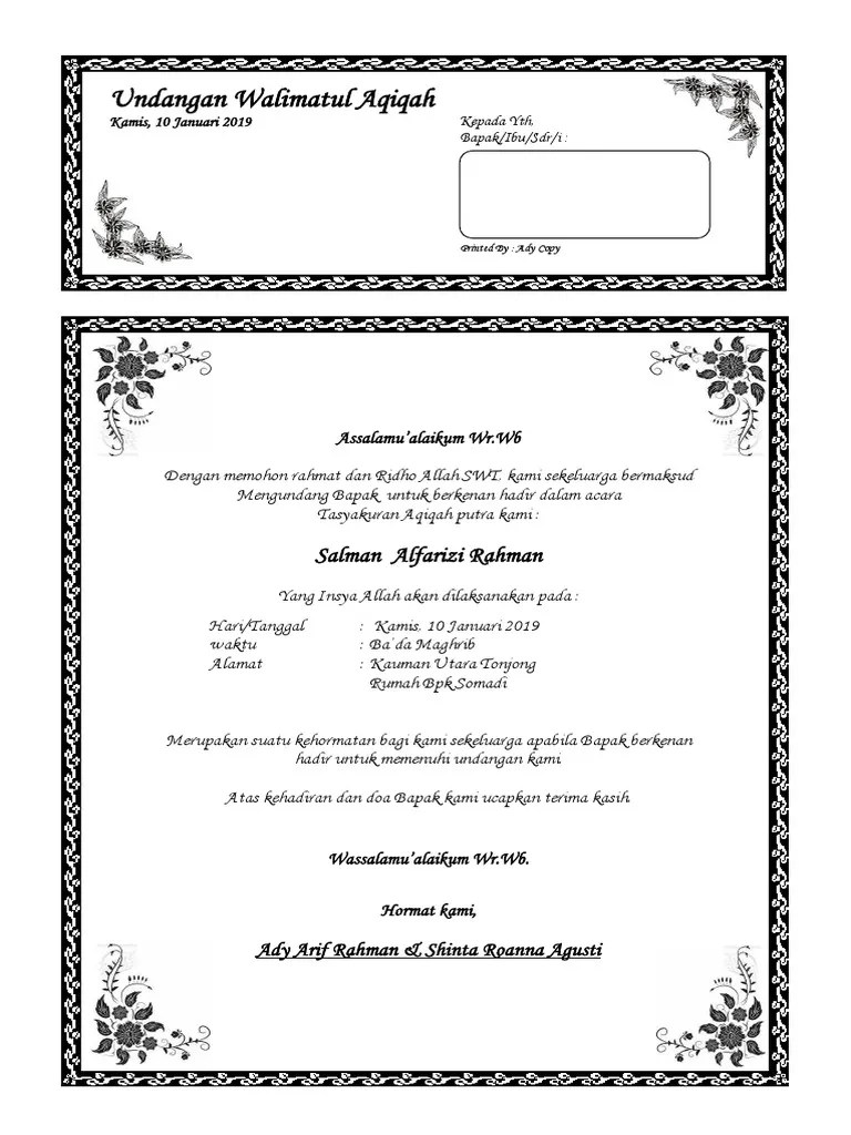 Kembali lagi ke contoh undangan aqiqah dalam format doc microsoft word yang bisa di edit, berikut kami sajikan untuk diunduh dengan format . Contoh Undangan Aqiqah Pdf