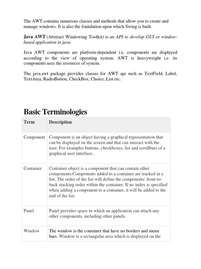 Basic Terminologies: Java AWT (Abstract Windowing Toolkit) Is An API To ...