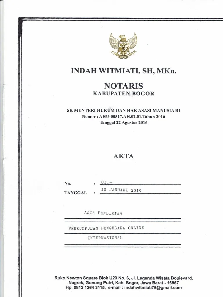 Ini adalah contoh dari akta notaris tentang pendirian perkumpulan. Akta Perkumpulan Hipo