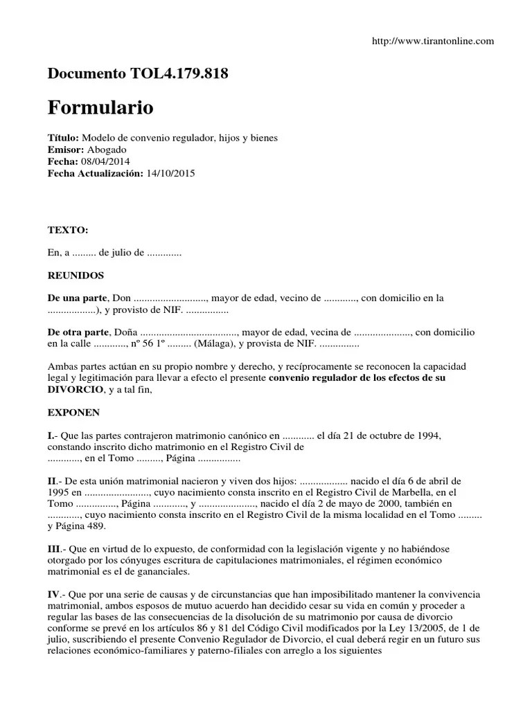 Modelo Convenio Regulador | PDF | Propiedad De La Comunidad | Divorcio
