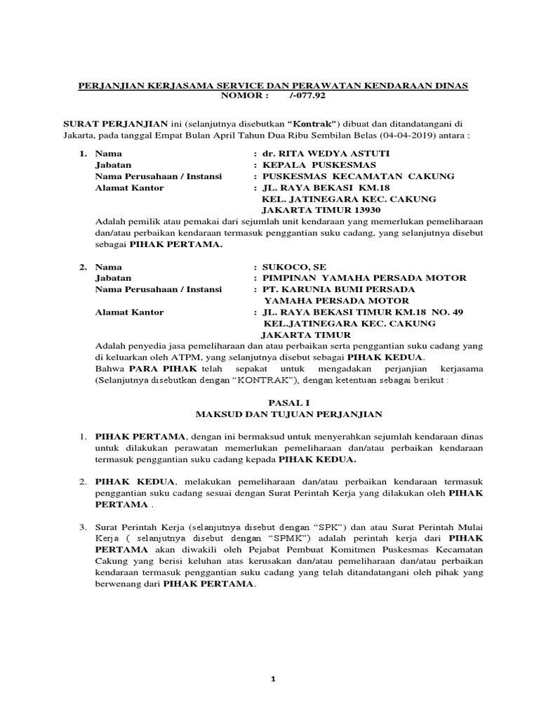 Perjanjian Kerjasama Pemeliharaan Kendaraan Dinas Roda Dua Dengan Yamaha  Persada Motor | PDF