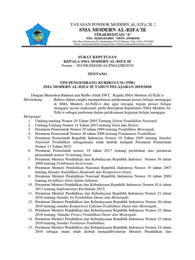 Bangsalsari keputusan kepala sd negeri badean 01 nomor : Sk Tim Pengembang Kurikulum Tpk 2019 2020 Pdf