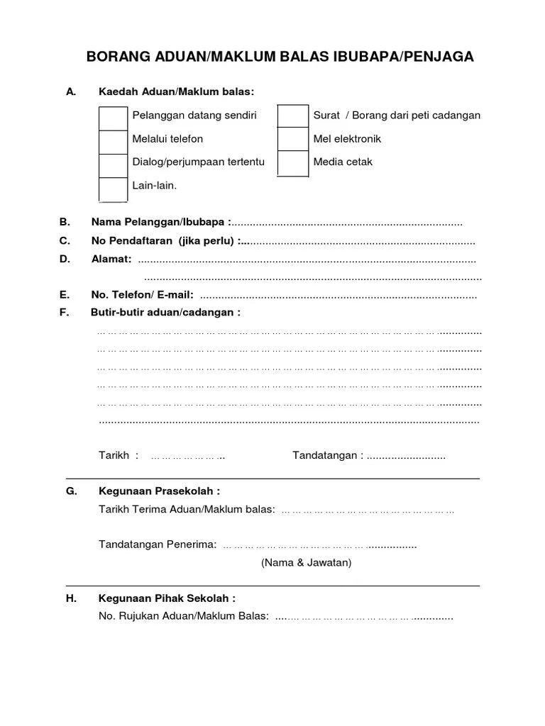 Aduan awam dan maklum balas pelanggan yang seragam dan bersepadu. Borang Aduan Maklum Balas Pelanggan Pdf