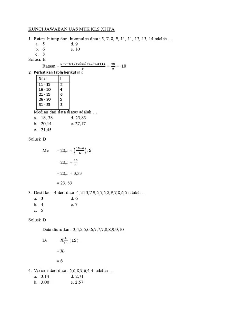 Kunci Jawaban Uas MTK Kls Xi Ipa | PDF