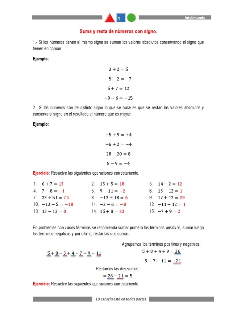 Ejercicios De Sumas Y Restas De Numeros Con Signo | Sustracción | Números
