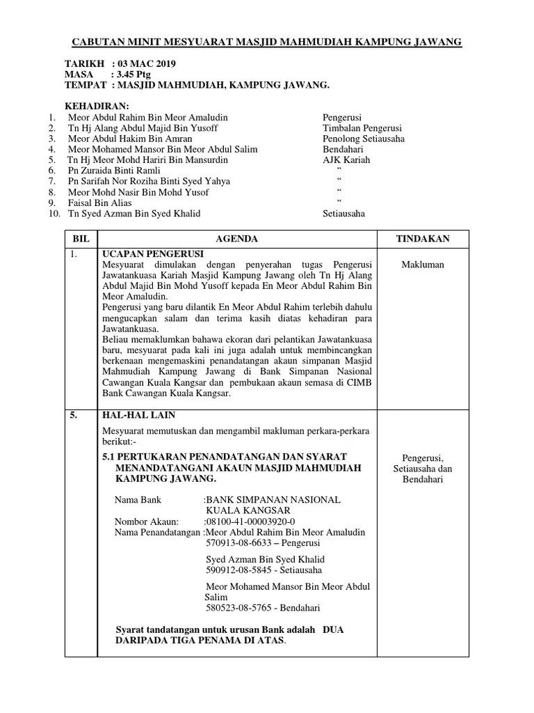 Minit mesyuarat pertama ajk kebajikan dan keselamatan. Minit Mesyuarat Tukar Tandatangan Dan Buka Akaun Semasa Masjid Mahmudiah Pdf