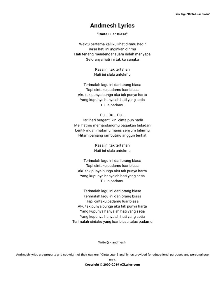 Suara indah menyapa geloranya hati ini tak ku sangka Andmesh Cinta Luar Biasa Lyrics Pdf