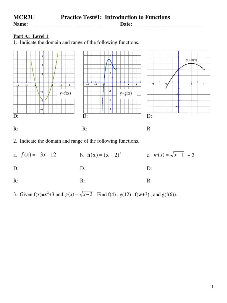 Mcr3U Practice Test#1: Introduction To Functions: 1. Indicate The ...