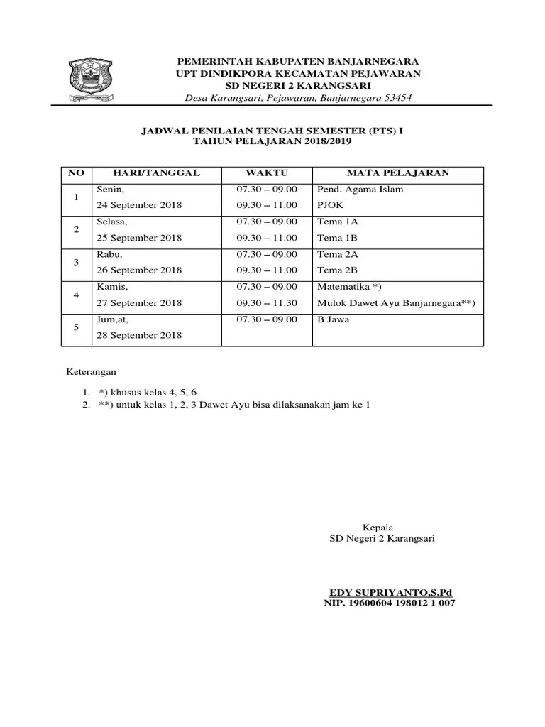 Mata pelajaran mulok dijadwalkan sesuai dengan kondisi satuan pendidikan. Jadwal Uts 1 2018 2019 Docx