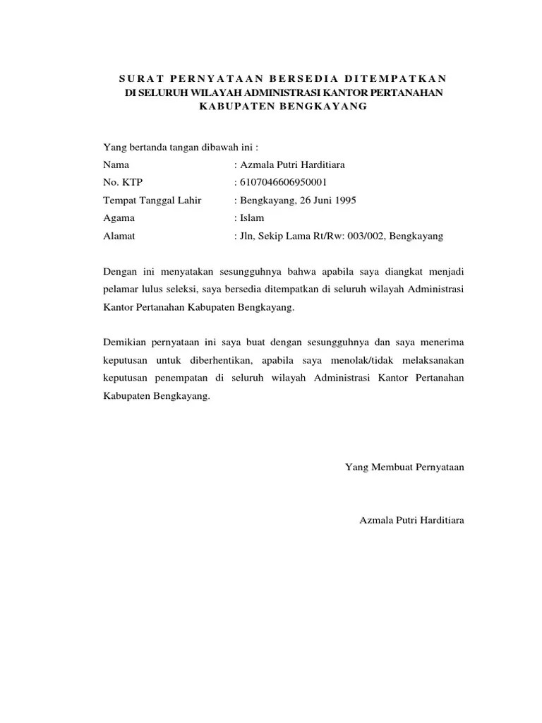 Surat Pernyataan Bersedia Ditempatkan Di Seluruh Wilayah Republik Indonesia Berbagai informasi mengenai Surat Pernyataan Bersedia Ditempatkan Diseluruh Wilayah.