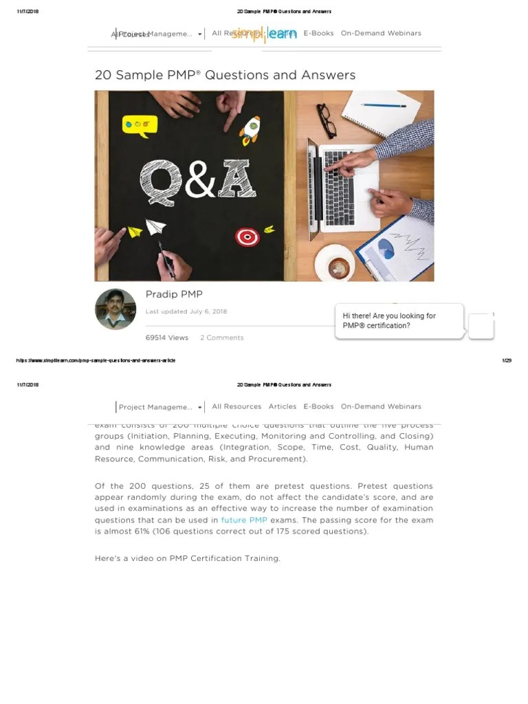 20 Sample PMP® Questions And Answers PDF | PDF | Project Management ...