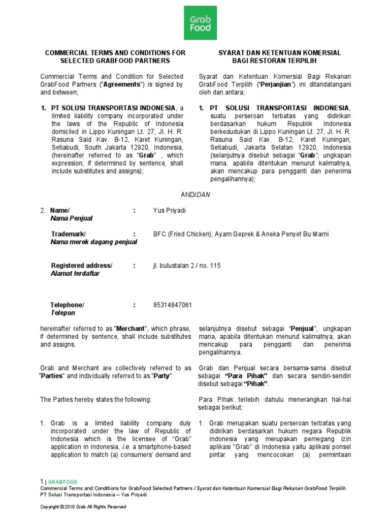 Perjanjian Kerjasama GrabFood Dengan BFC (Fried Chicken), Ayam Geprek &amp;  Aneka Penyet Bu Marni | PDF