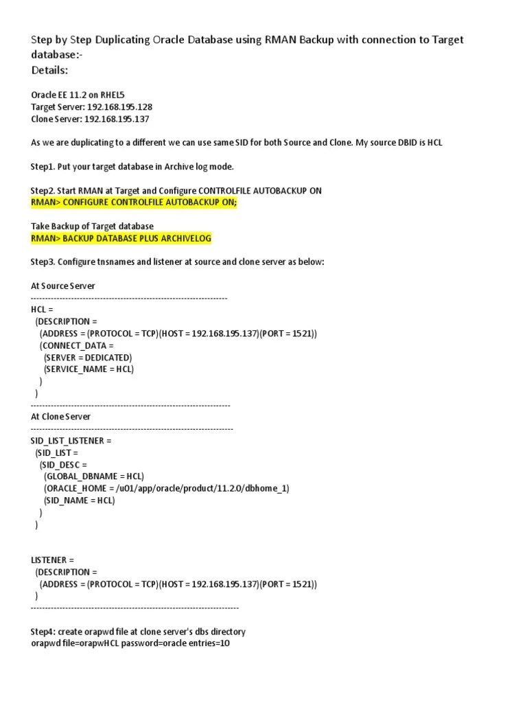 Oracle Database Duplication Using RMAN Backup | PDF | Backup | Digital ...