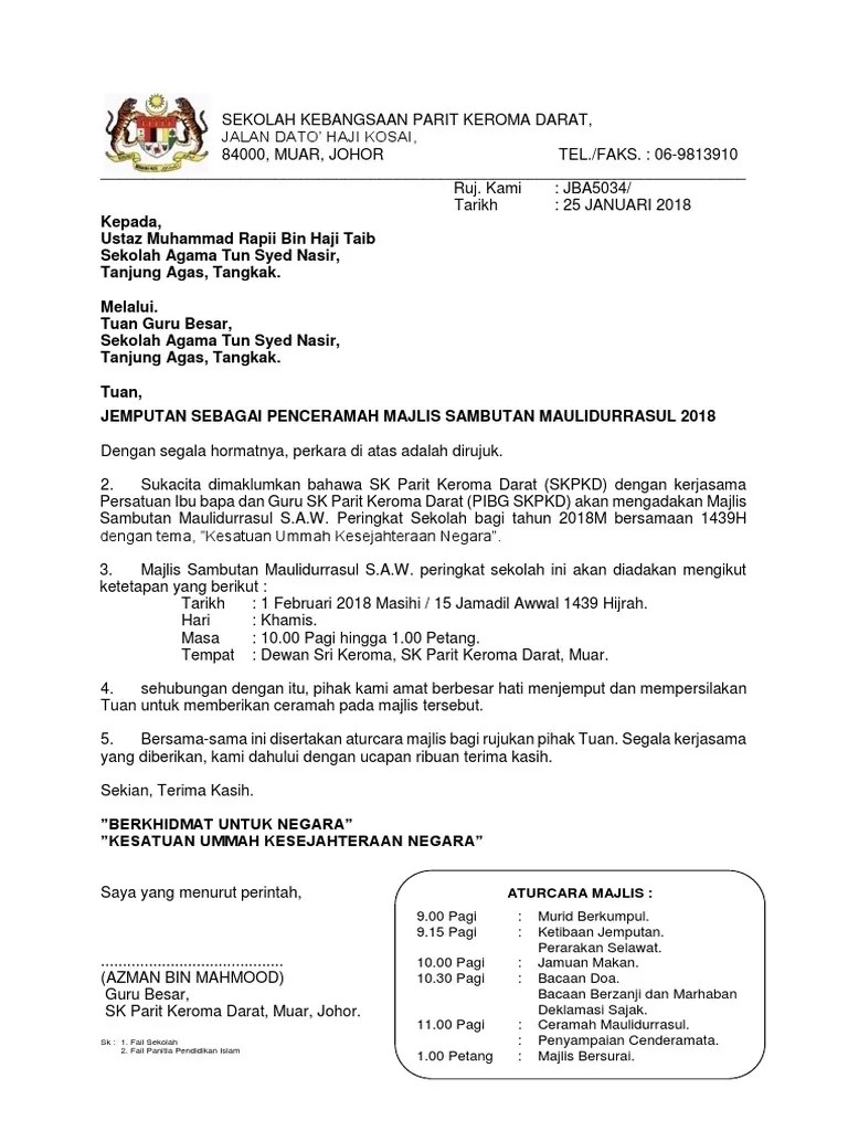 15 mac 2003 saudara mohamad bin atan, tingkatan 4 sastera 1. Contoh Surat Jemputan Penceramah Agama New Letter Website