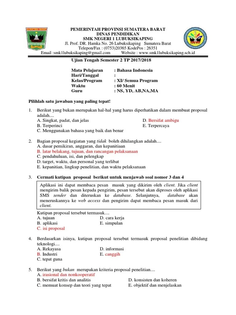 Berikut di bawah ini soal ujian tengah semester ganjil kelas xii dilengkapi kunci jawaban, dengan pertanyaan dimulai dari nomor 1. Yuk Cek 13 Contoh Soal Proposal Bahasa Indonesia Kelas Xi Terbaru Catatan Aafia