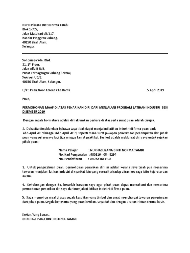 Bagi surat jawapan tajuk surat . Surat Penarikan Diri Pdf