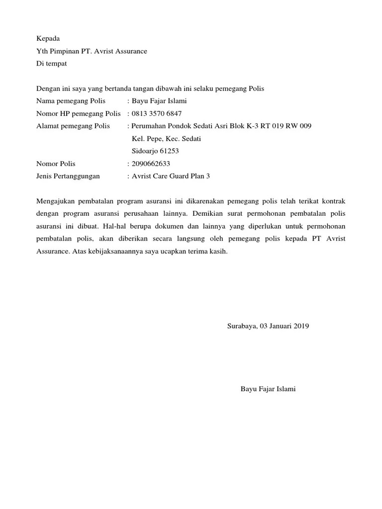 Check spelling or type a new query. Surat Permohonan Pembatalan Polis Avrist Pdf