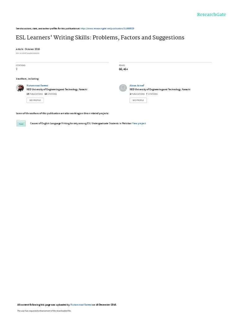 Esl Learners Writing Skills | PDF | English As A Second Or Foreign ...