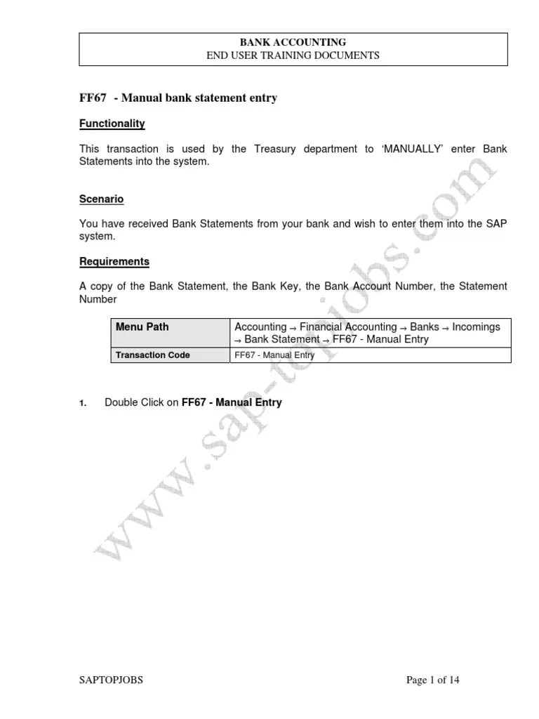 FF67 - Manual Bank Statement Entry: Cost Center Accounting Bank Accounting | PDF | Banks ...