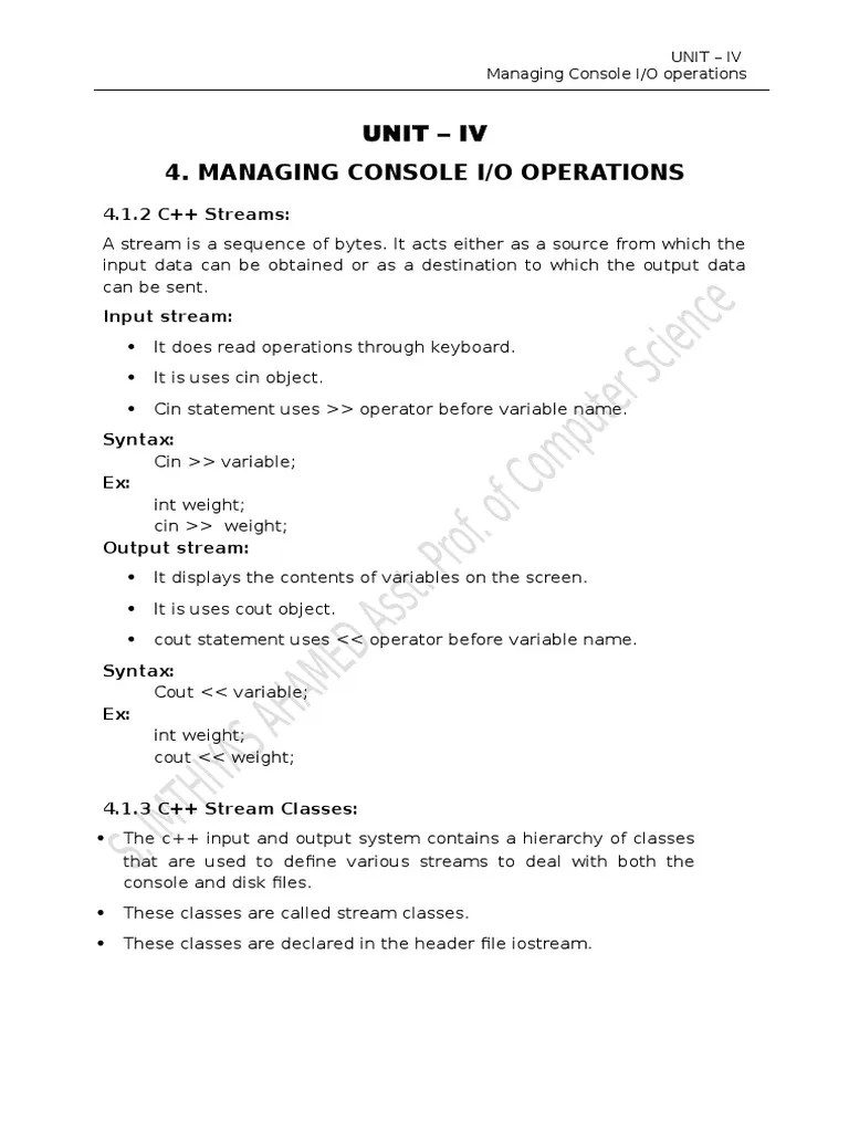 Managing Console I/O Operations: Unit - Iv | PDF | C++ | Parameter (Computer Programming)