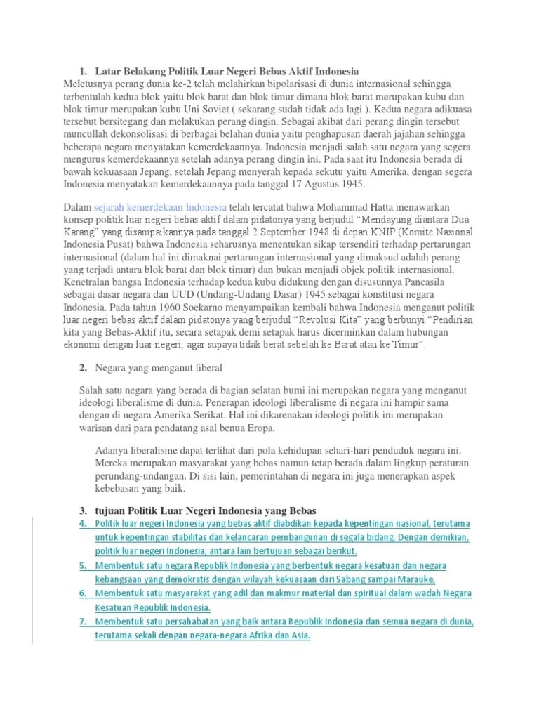 Jelaskan Tujuan Bangsa Indonesia Menganut Politik Luar Negeri Bebas Aktif
