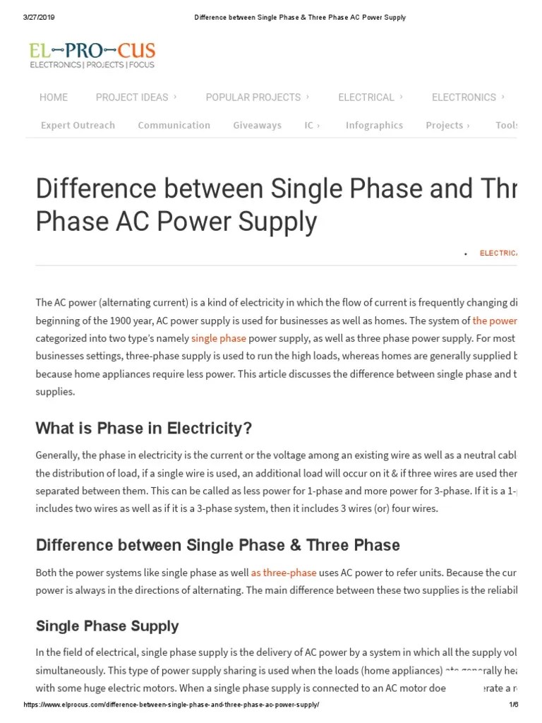 Difference Between Single Phase & Three Phase AC Power Supply | PDF | Alternating Current ...