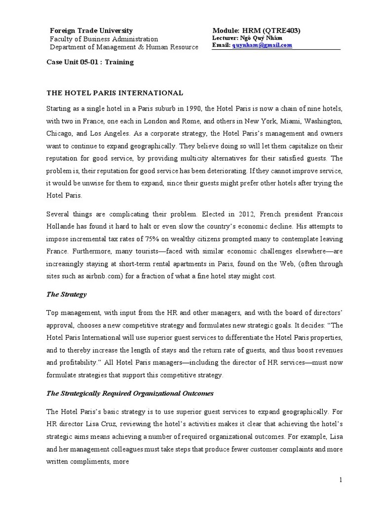 Case Study 1 Case Study 1 Improving Performance At The Hotel Paris The Hotel Paris International Starting As A Single Hotel In A Paris Suburb In 1990 Course Hero 