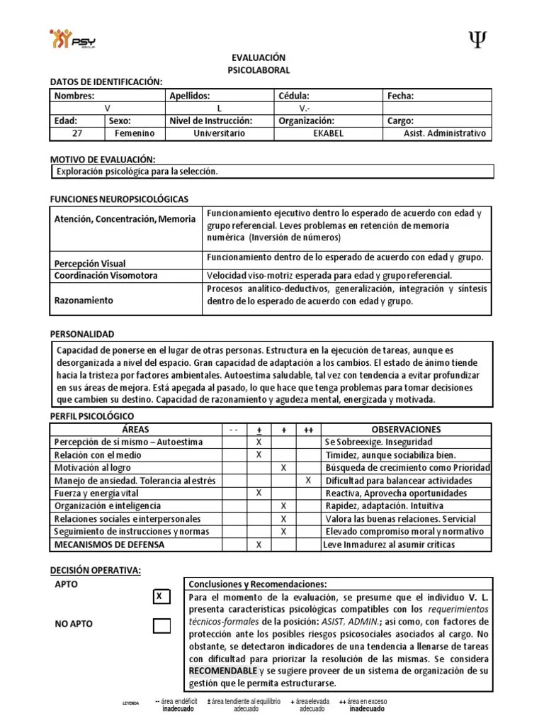 Evaluación Psicolaboral Ejemplo | PDF | Sicología | Memoria