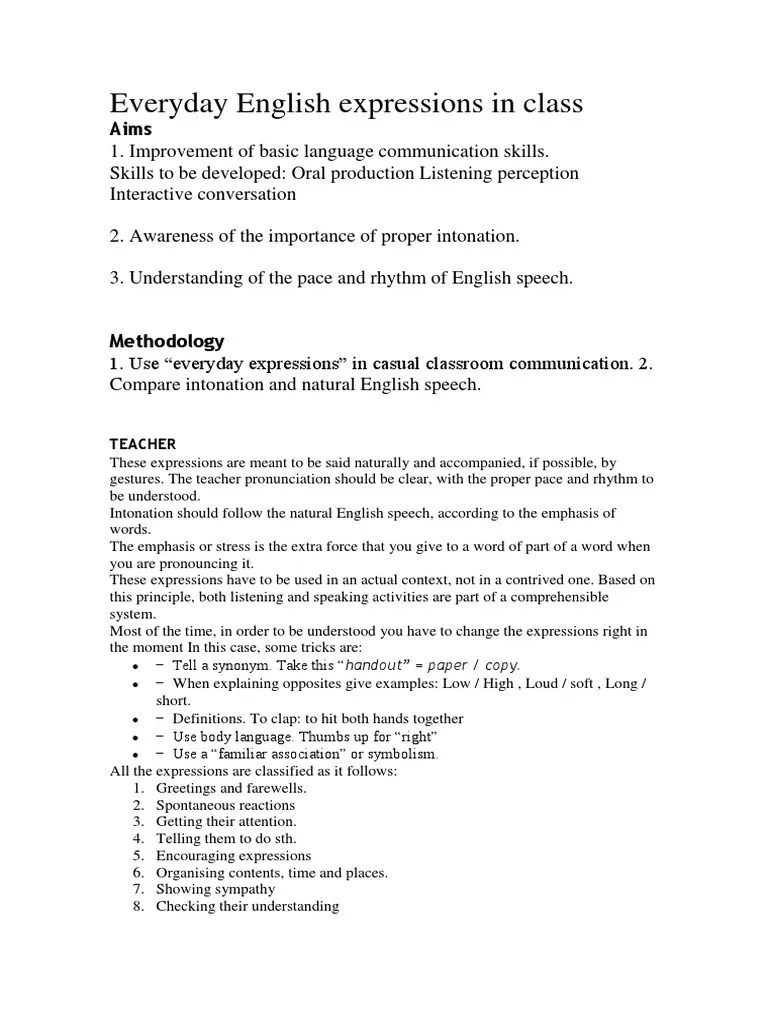 Everyday Classroom Expressions | PDF | Stress (Linguistics) | English Language