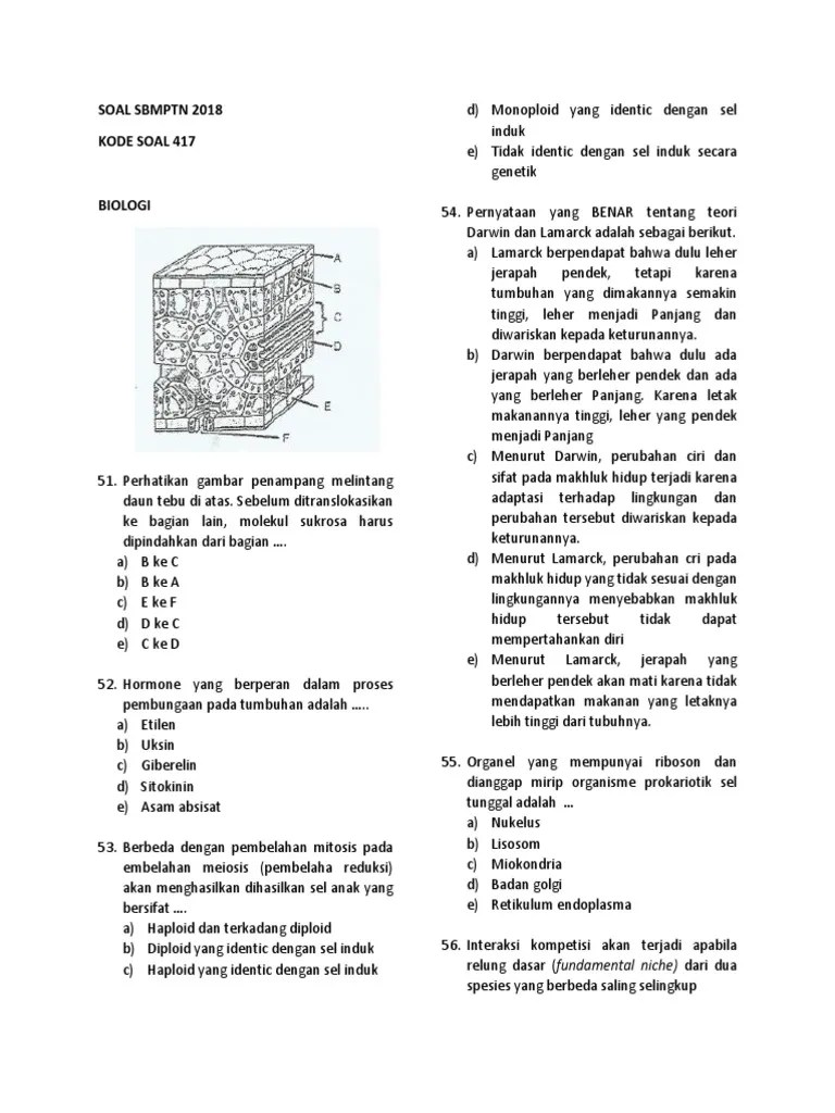 Dibawah ini adalah link download soal sejak tahun 2014 s.d 2020. Soal Biologi Sbmptn 2018 Kode 417 Pdf