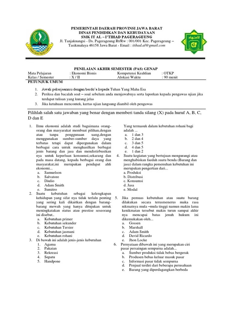 soal dan jawaban uts ekonomi sma kelas 10 semester 2 2021. Soal Pas Ekonomi Bisnis Genap Pdf