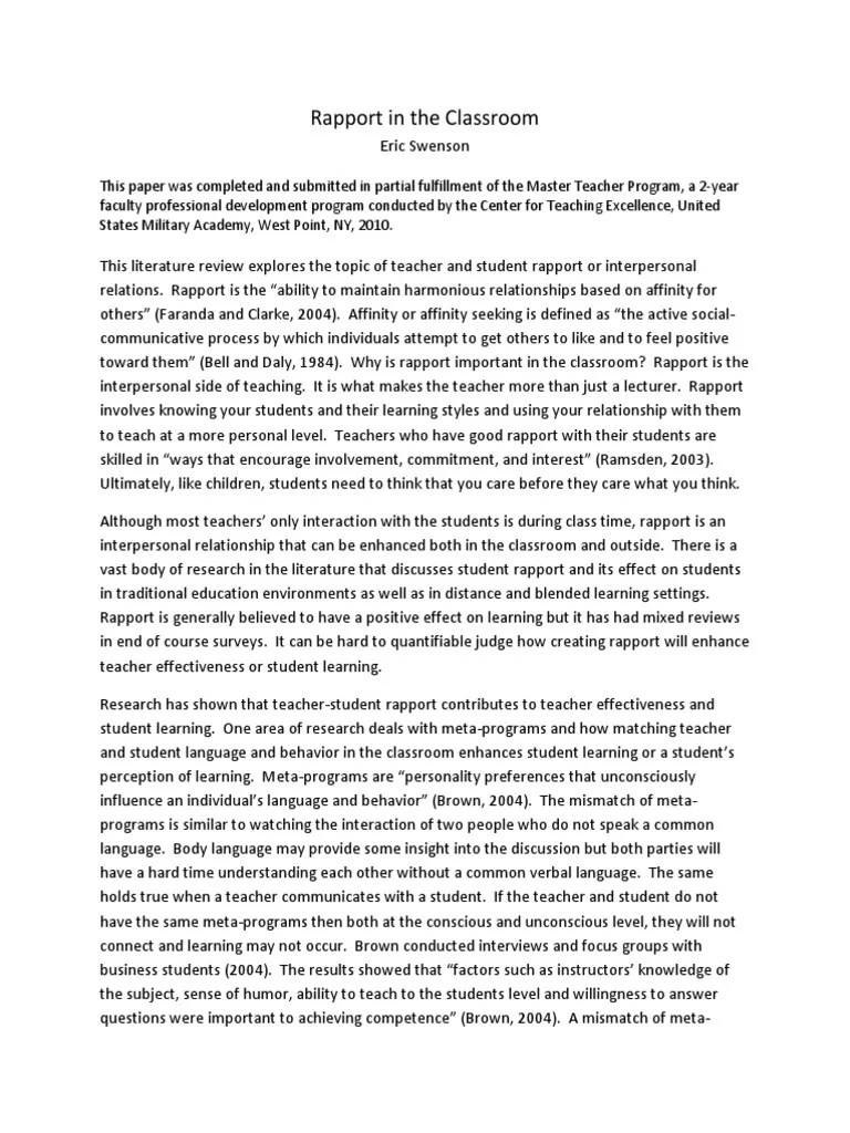 Rapport In The Classroom | PDF | Course Evaluation | Teachers