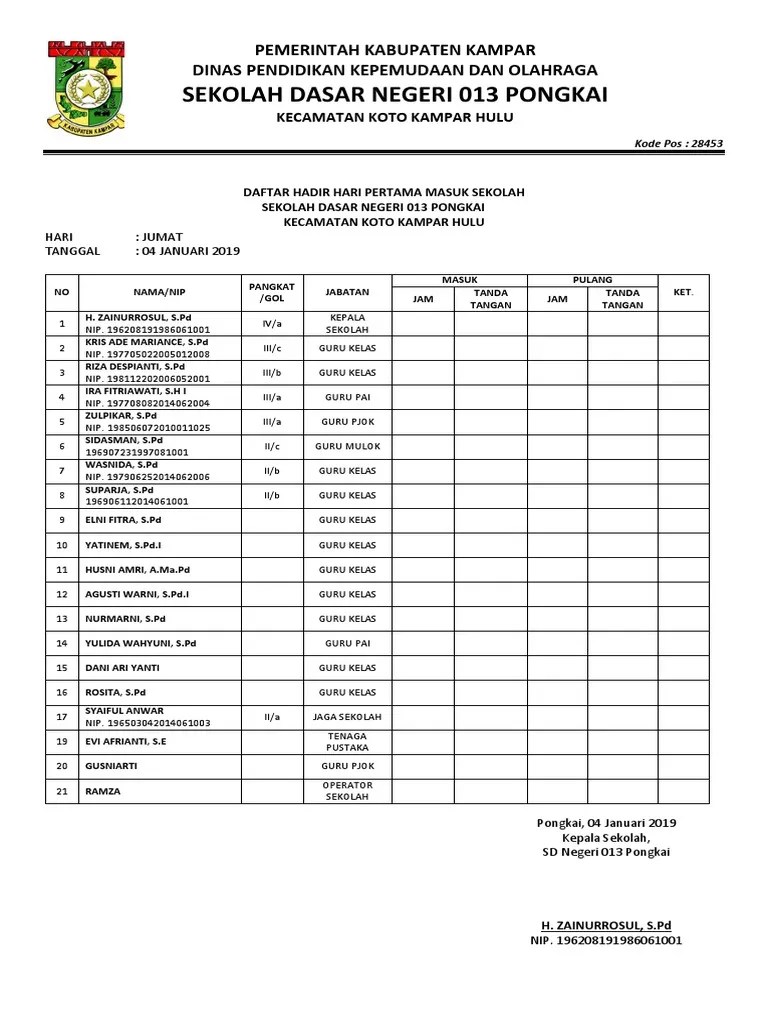 Daftar Hadir Hari Pertama Masuk Sekolah | PDF