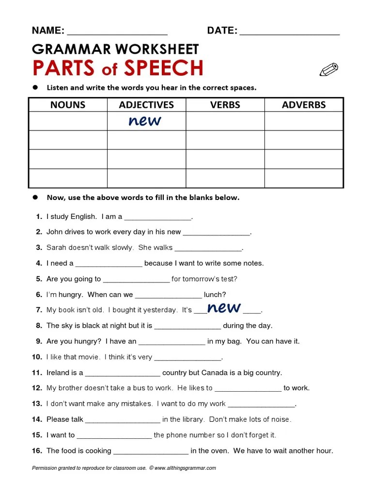 Parts speech: grammar worksheet