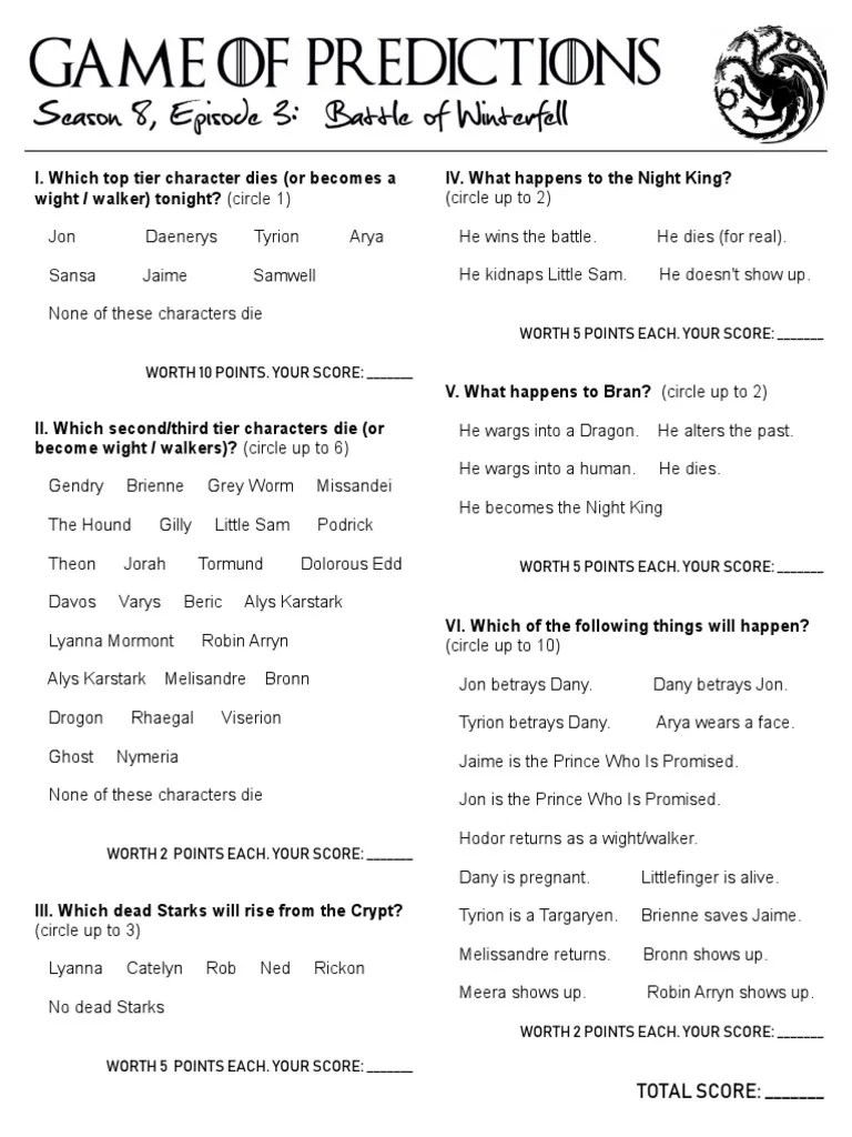 Game Of Predictions | PDF | American Television Episodes | A Song Of Ice And Fire