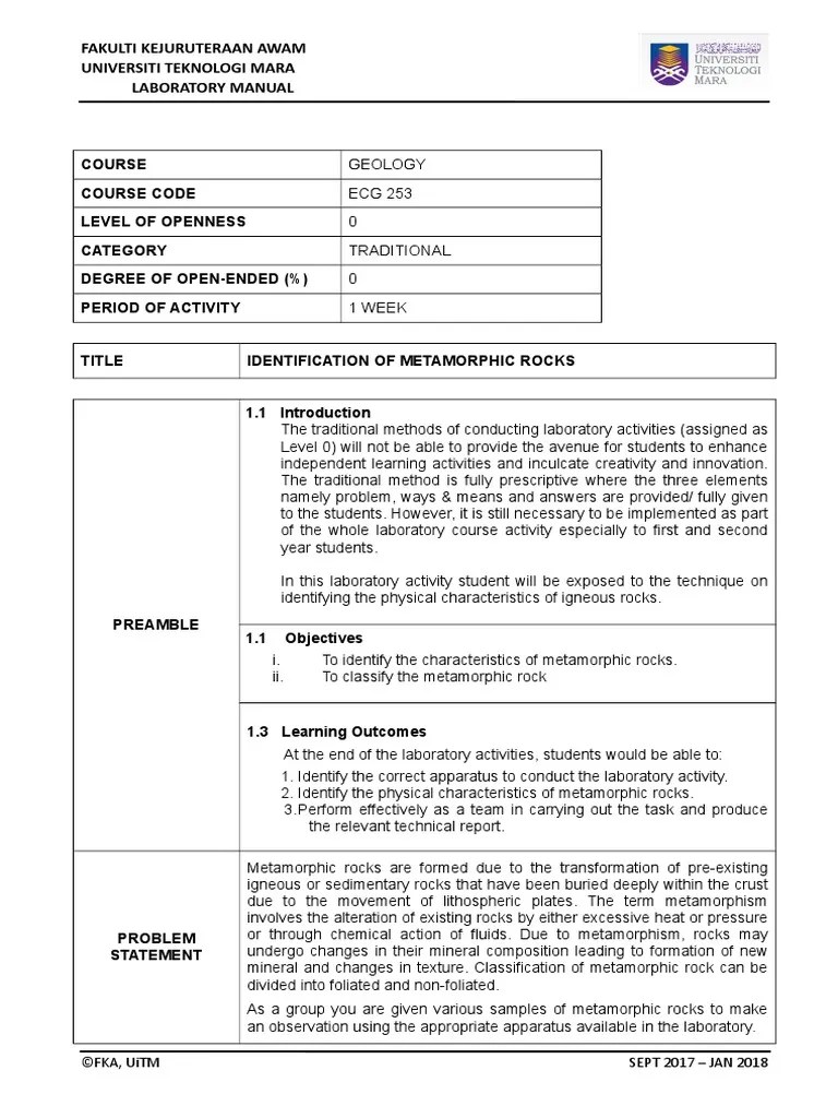 Lab 4 - Identification Of Metamorphic Rocks (Level 0) | PDF | Rock (Geology) | Rocks