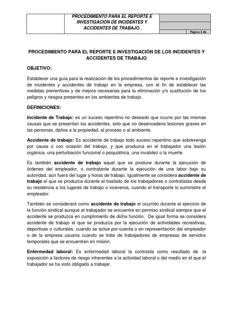 Procedimiento Para El Reporte De Incidentes Y Accidentes De Trabajo | PDF | Accidente (general ...