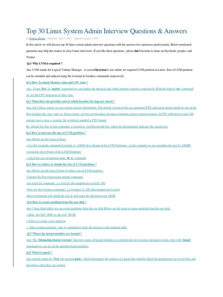 Top 30 Linux System Admin Interview Questions | PDF | File Transfer ...