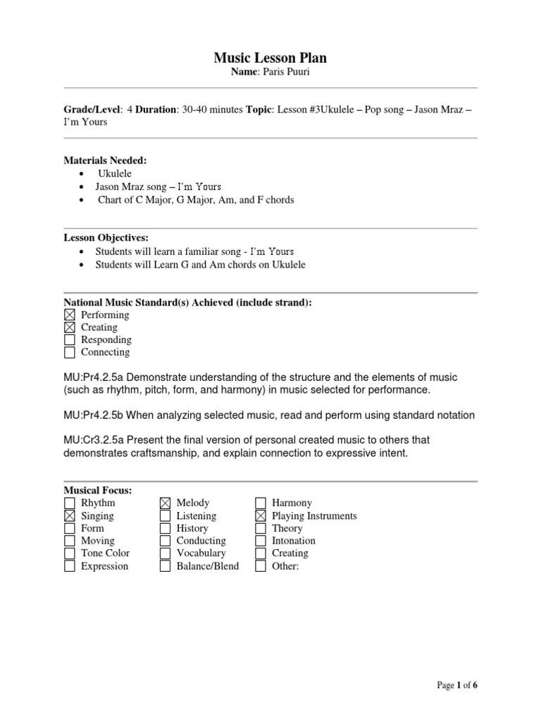 Ukulele Lesson Plan 3 | PDF | Song Structure | Chord (Music)
