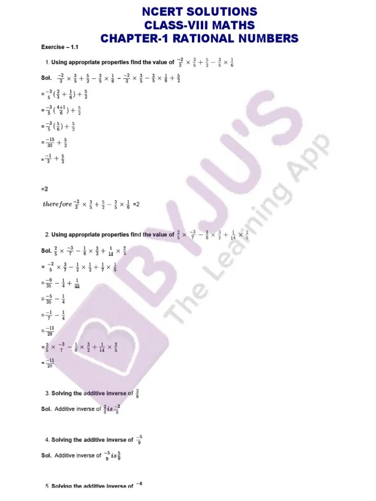 Ncert Solutions Class 8 Maths Chapter 1 Rational Numbers | PDF