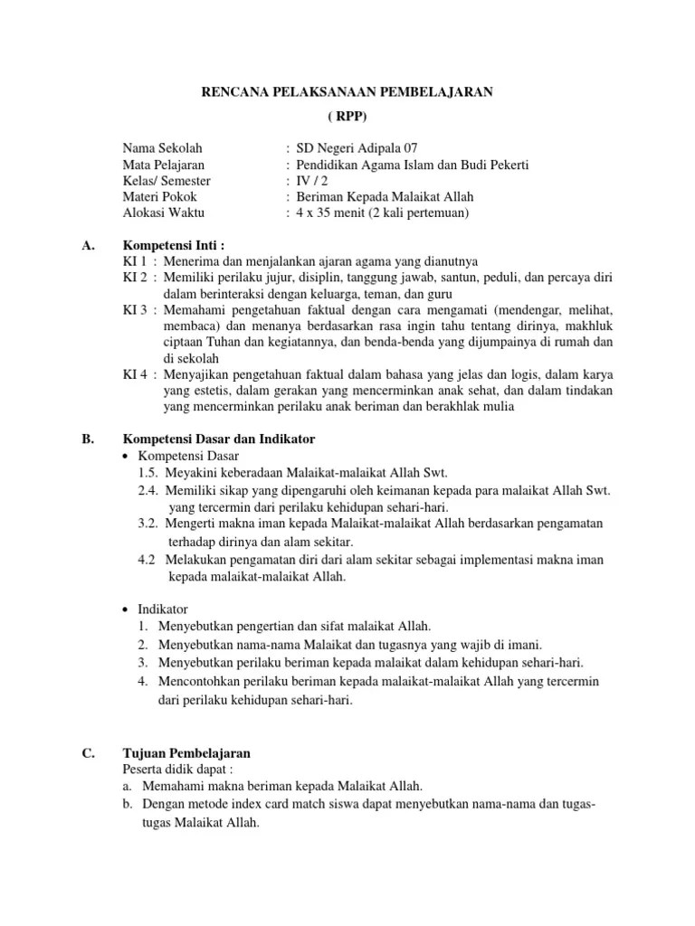 RPP KELAS IV TEMA 7 (Beriman Kepada Malaikat Allah) | PDF