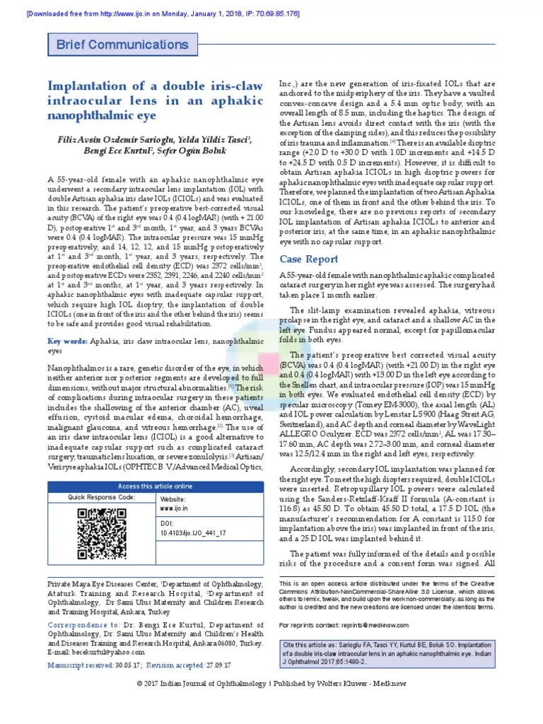 Implantation Of A Double Iris-Claw Intraocular Len PDF | PDF | Glaucoma | Face