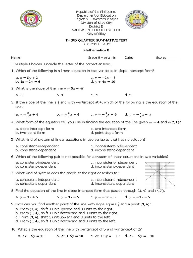 Math 8 - Summative Test | PDF | Equations | Algebra