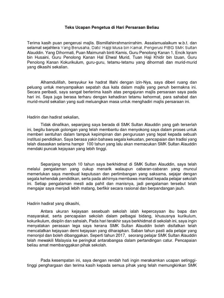 Doc contoh ucapan wakil murid untuk majlis persaraan. Teks Ucapan Pengetua Di Hari Persaraan Beliau Pdf