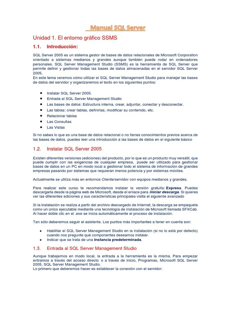 Manual SQL Server | Descargar Gratis PDF | Servidor SQL De Microsoft | SQL