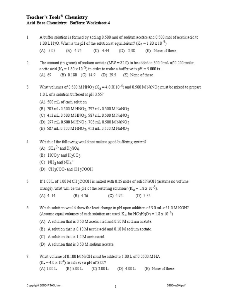 Buffers Worksheet | PDF | Buffer Solution | Molar Concentration