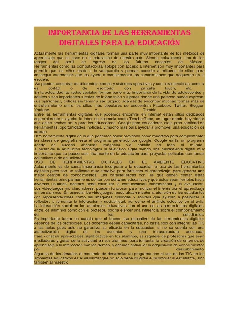 Importancia De Las Herramientas Digitales Para La Educación | PDF | Maestros | Tecnología De ...
