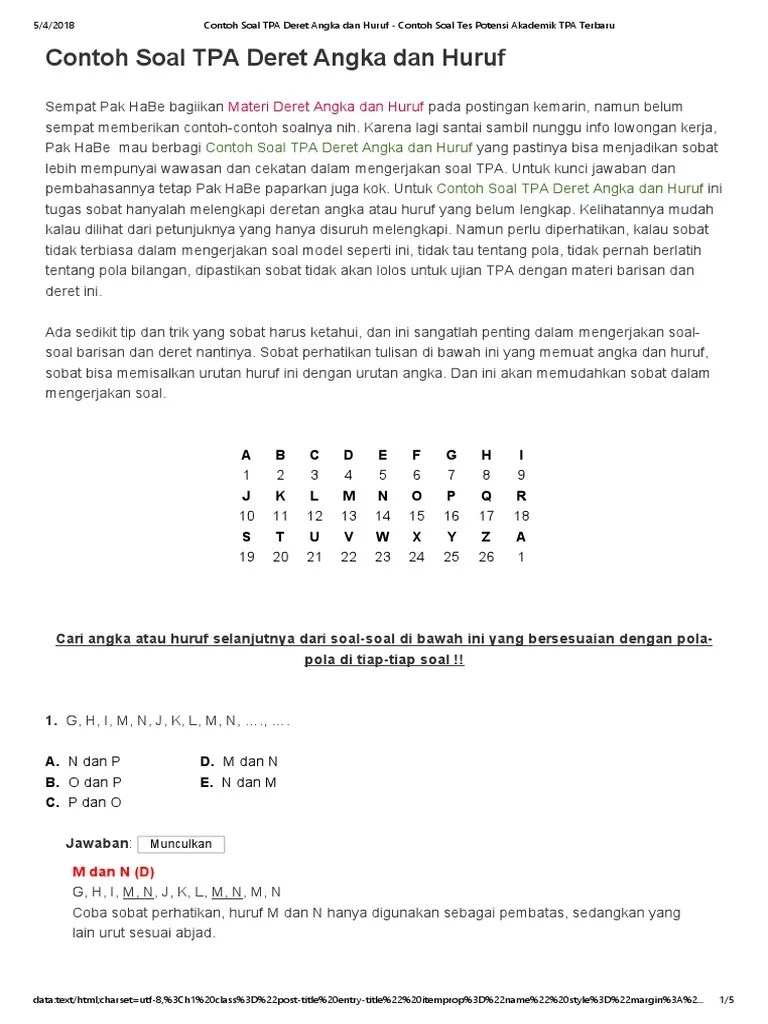 Contoh Soal Tpa Deret Angka Dan Huruf 